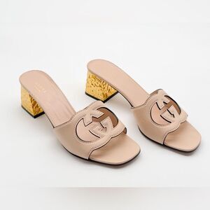 Gucci Cosmos Cut Out GG Slide Light Pink Leather Sandals Gold Heel EU41.5 US11.5